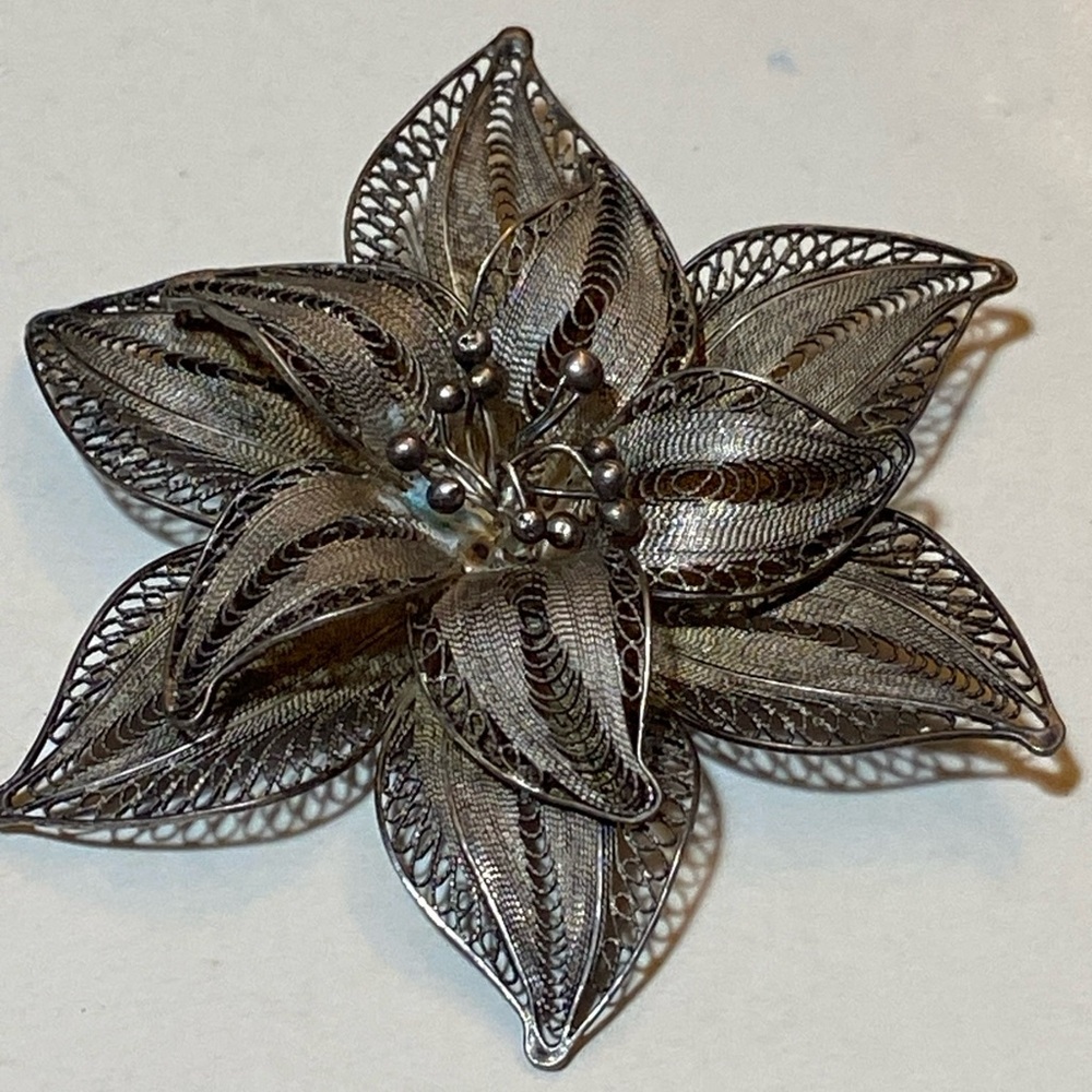 Sterling Silver 800 HS Filigree Edelweiss Flower Brooch Pin VTG